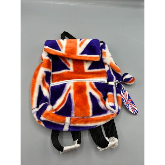 Union Jack Plush Backpack Zipper Pocket Small Pom Pom Key Ring Adjustable - Picture 1 of 16